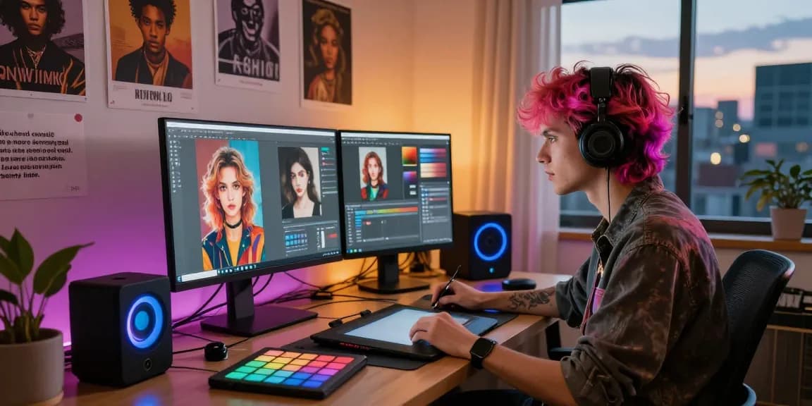 Creating NSFW AI-driven digital art in a vibrant studio environment with creative tools and city view.