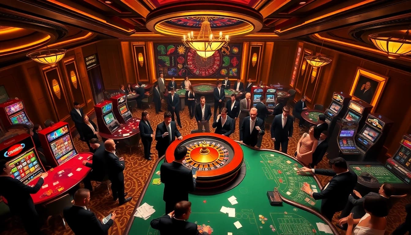 Players enjoying the thrill of gambling in a vibrant casino setting, embracing the okwin liên minh experience.