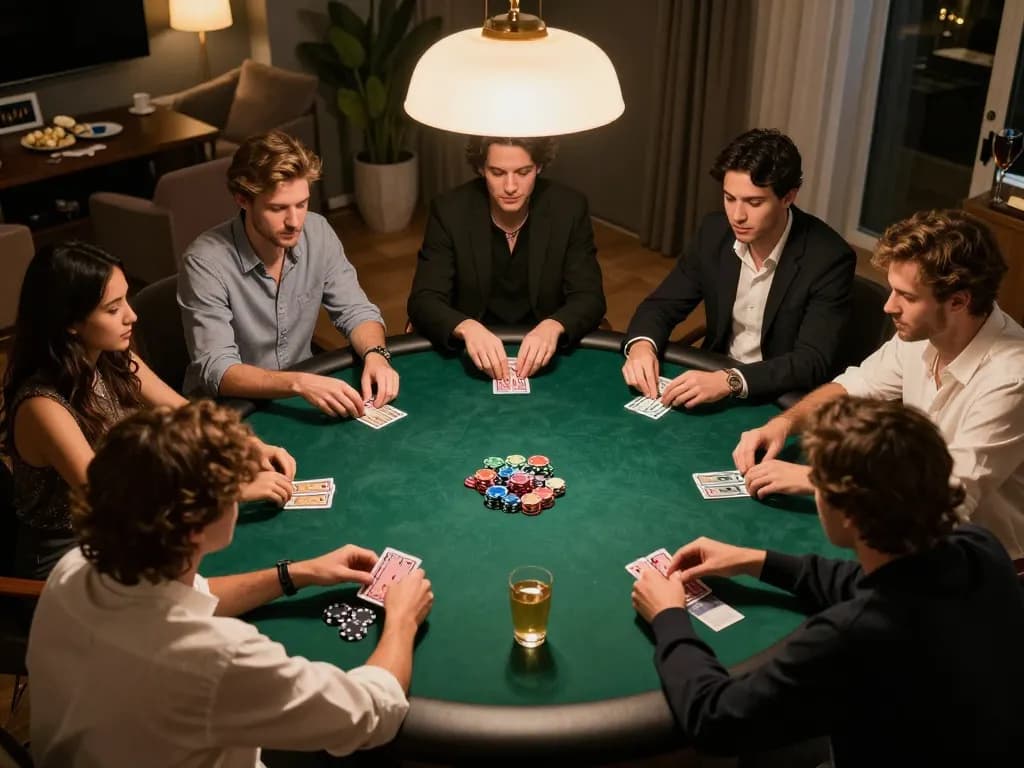 Engaging home poker night featuring taisunwin strategies, friends playing cards in cozy atmosphere.