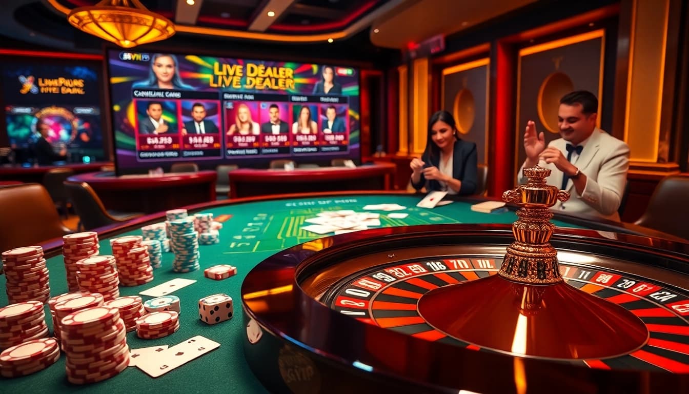 Engaged gamblers enjoying their time at https://68vip.co/ with vibrant casino elements and excitement.