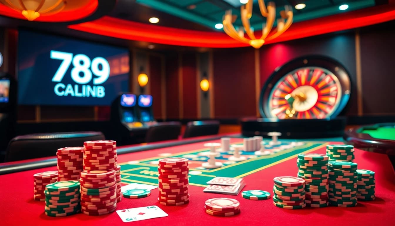Gambling at the 789CLUB casino with poker chips and a spinning roulette wheel.