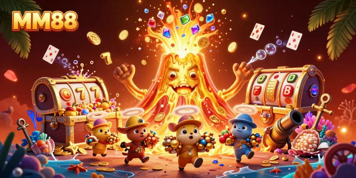 Experience excitement at MM88 with the vibrant treasure-filled eruption and lively game-themed elements.