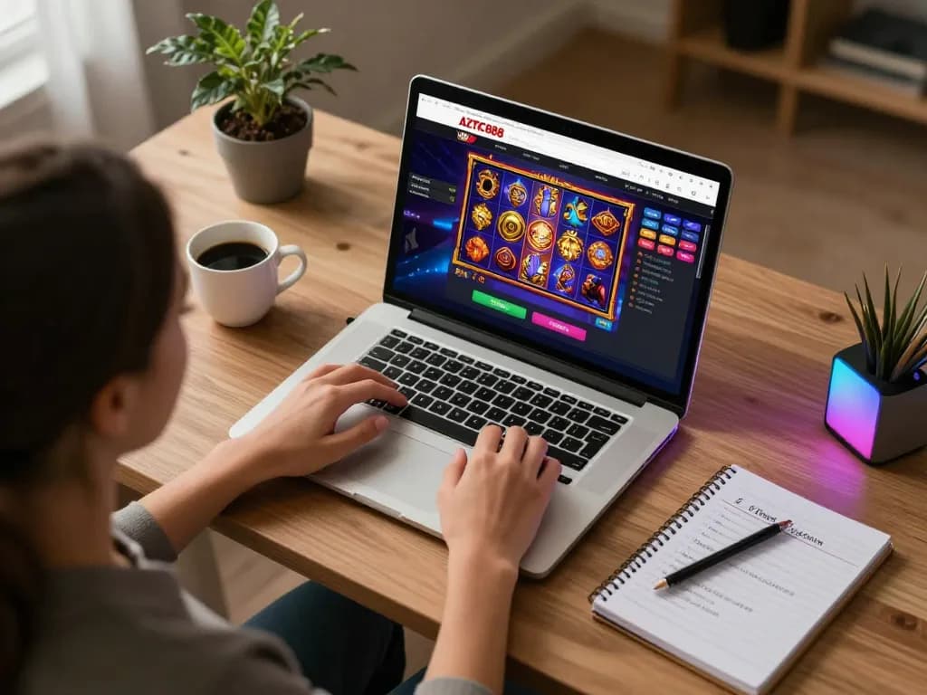 Player enjoying a game on AZTEC888 with strategies and snacks in a cozy home office setting