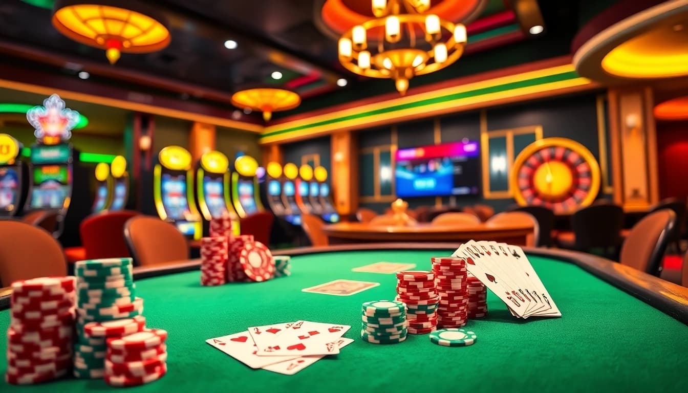 Experience thrilling poker action at VJ88's premium casino table filled with vibrant chips and cards.