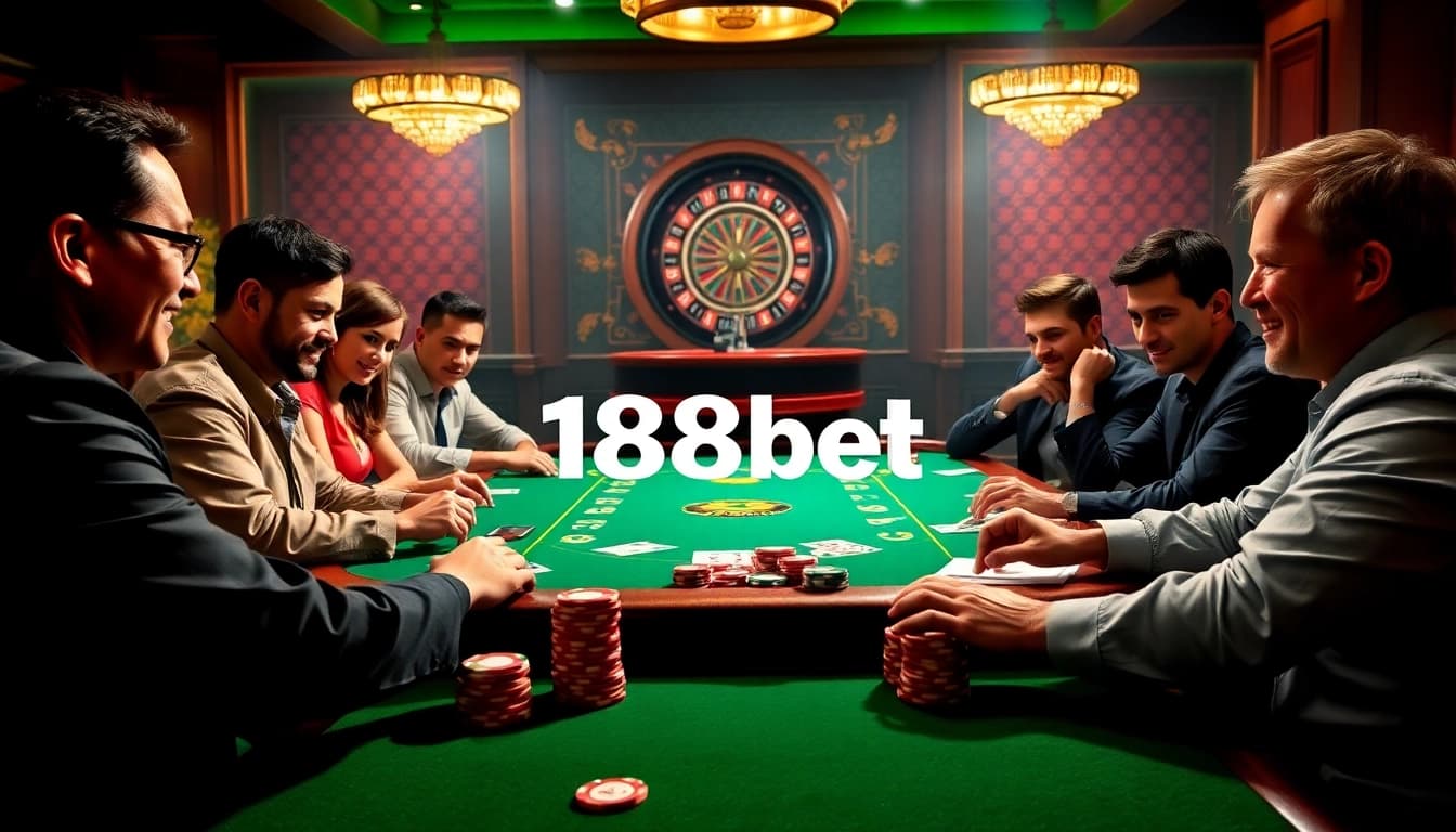 Players enjoying an exciting game at 188bet casino table, surrounded by colorful chips and a roulette wheel.