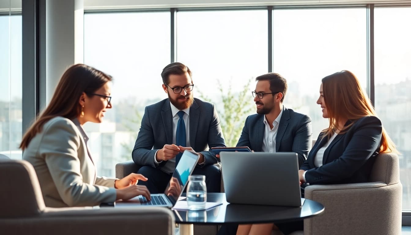 Professional financial meeting showcasing 33WIN's consultancy expertise with business charts and technology.