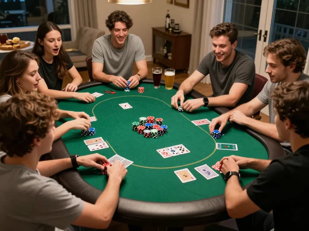 Bong88 players engaged in a home poker night, showcasing strategic gameplay and friendly competition.