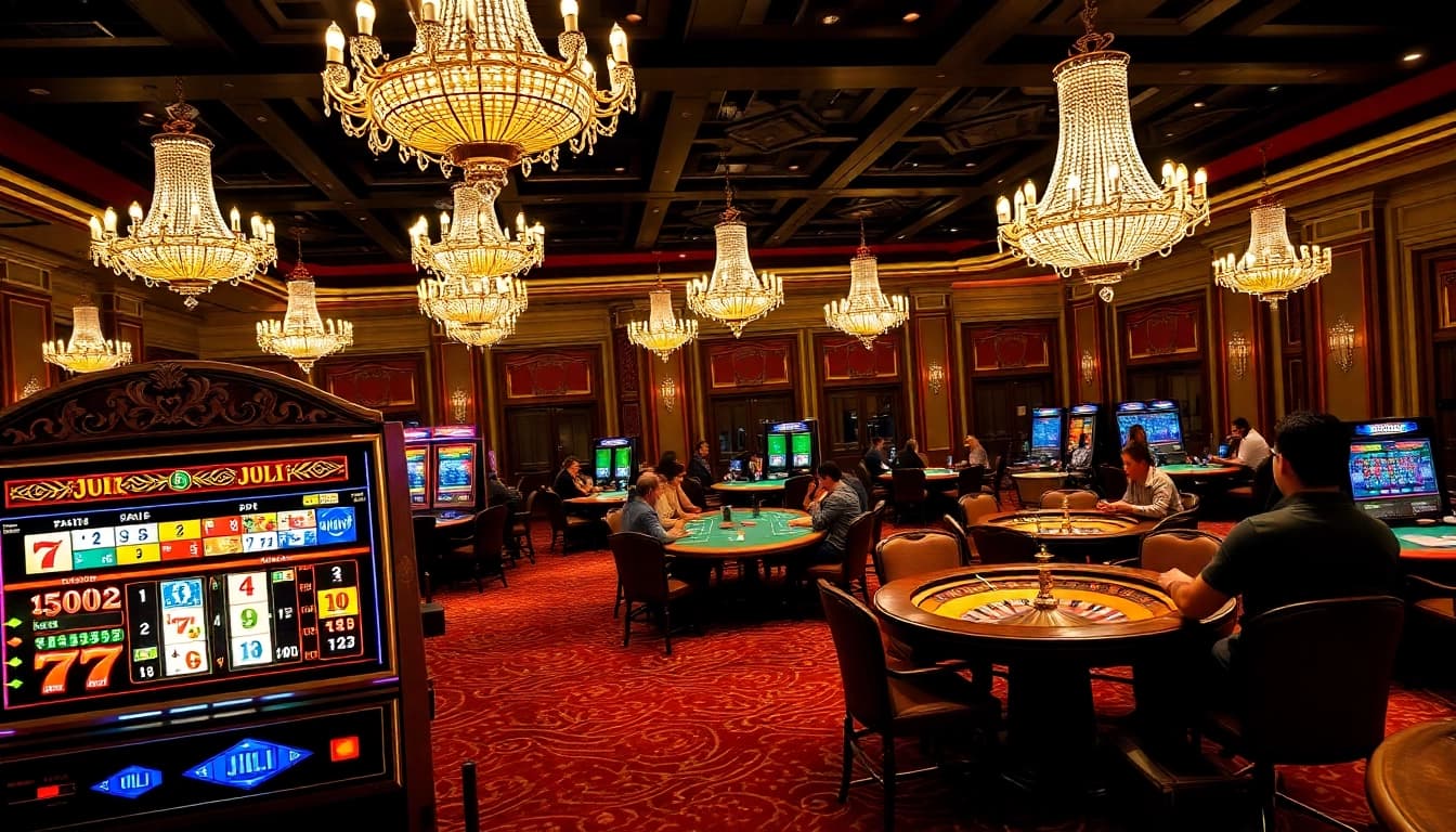 Experience the thrill of gaming with JILI slot reels spinning amidst vibrant casino excitement.