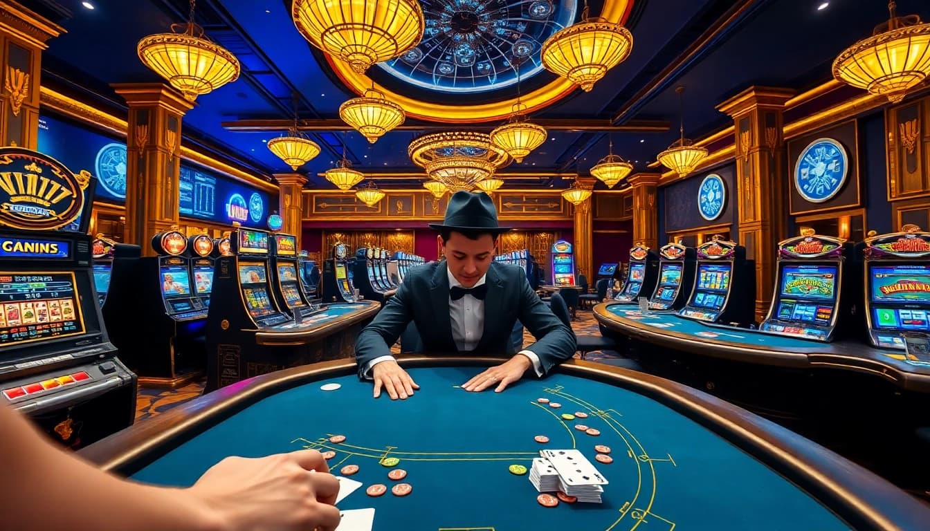 Players enjoying a thrilling game at Vin777 casino with chips and cards on the table.
