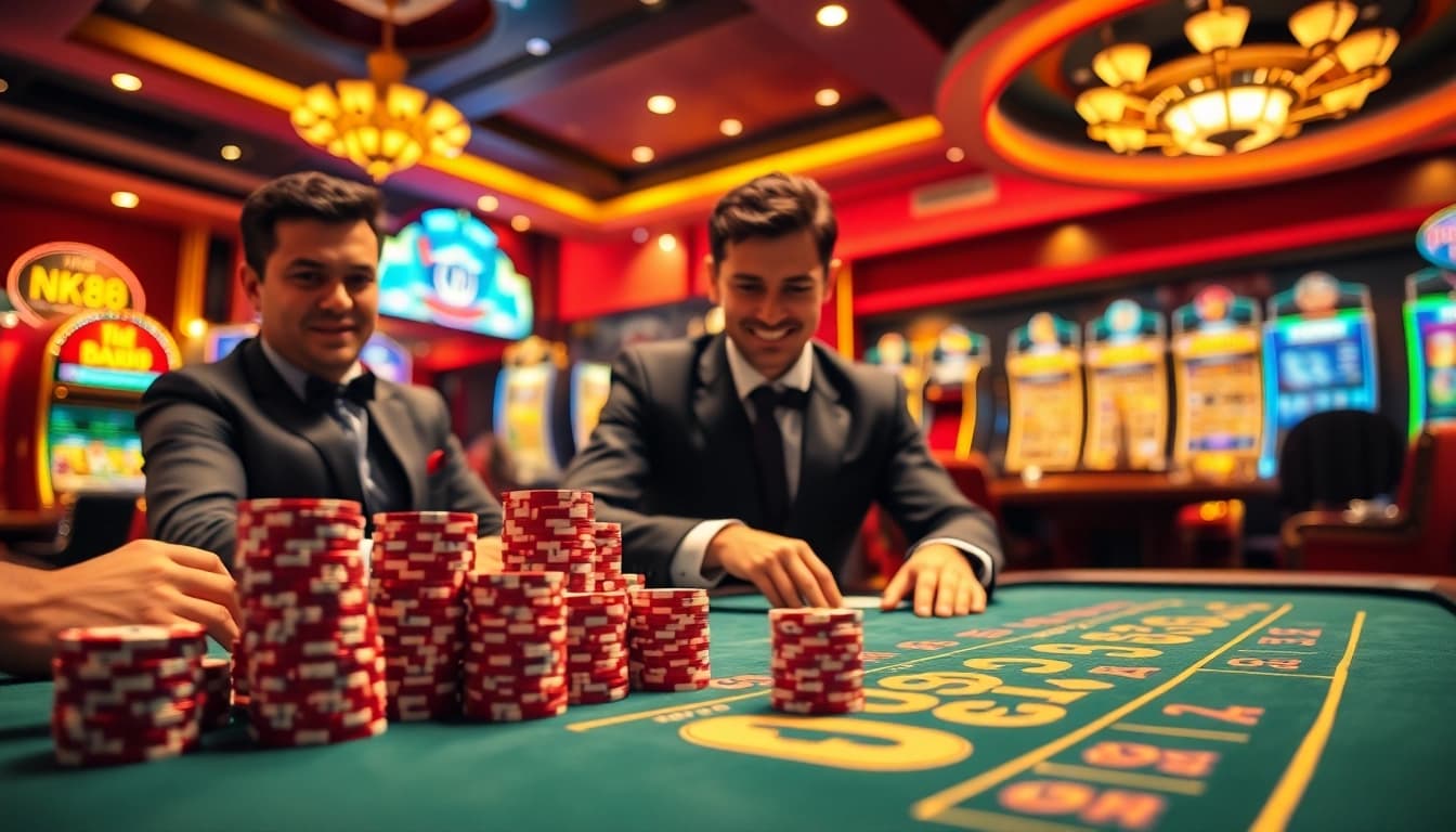 Engaged poker players at a luxurious NK88 casino table, chips scattered, and intense expressions of excitement.