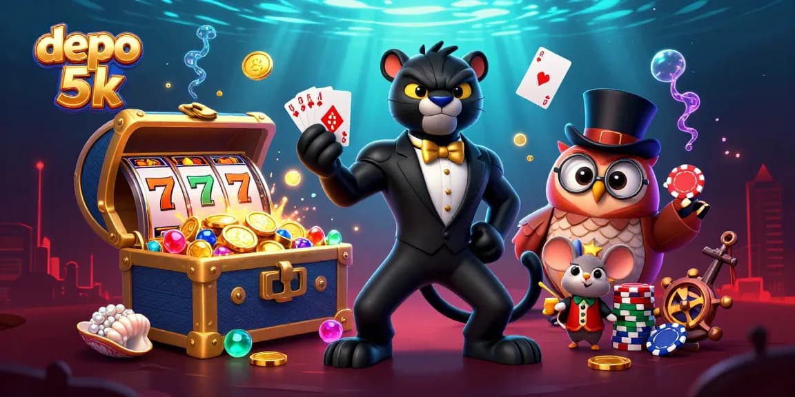 Engage with depo 5k slot reels as stylish characters deal cards and celebrate a casino victory.