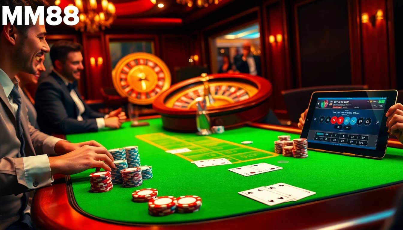 Players at an MM88 casino table enjoying a high-stakes poker game with vibrant chips and winning cards.