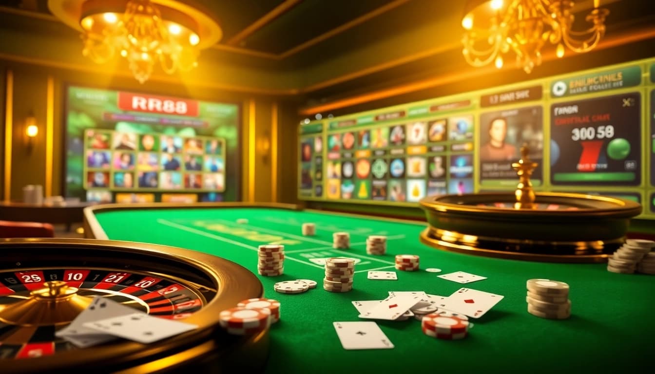 Experience the thrill of RR88 with vibrant casino elements like poker chips and a roulette wheel.
