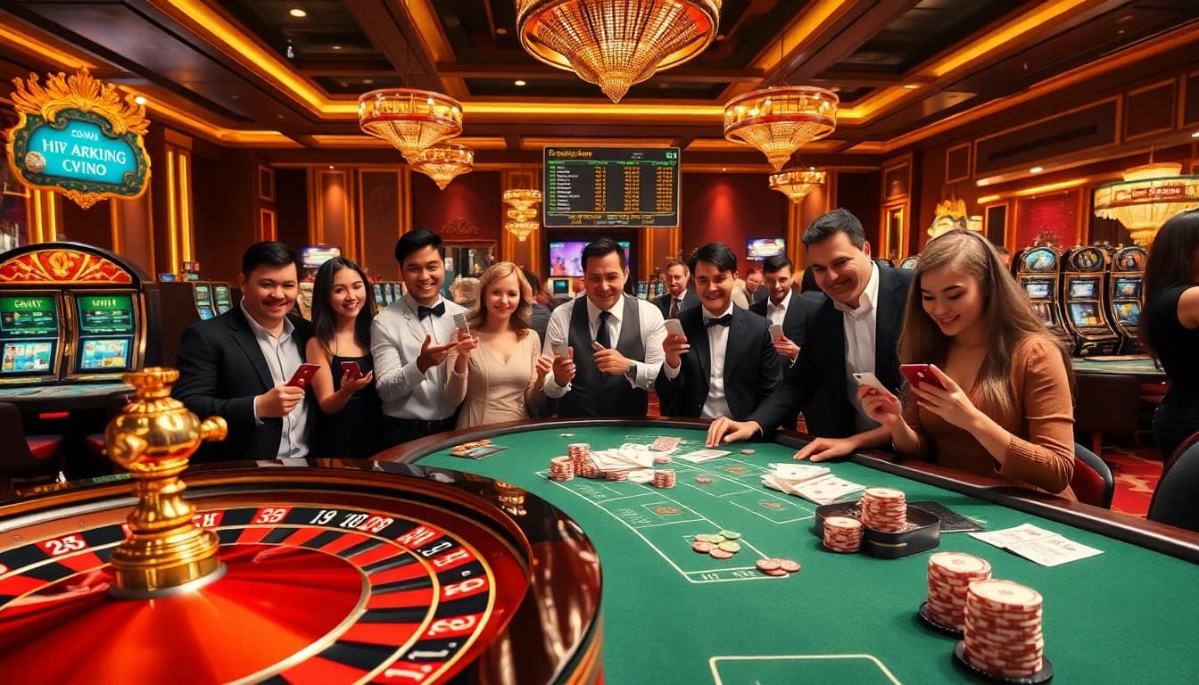 Players engaging in high-stakes blackjack at KJC casino with vibrant casino elements around them.