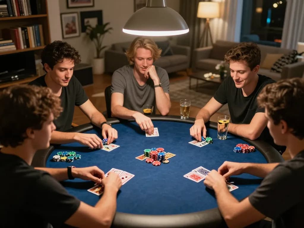 Engaged players strategizing at a poker game during a lively home gathering, exploring ytr88's tips.