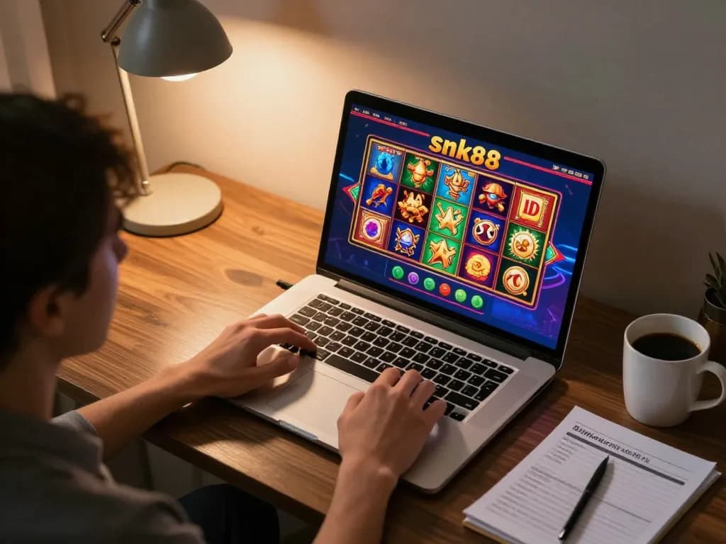 Player engaging with snk88's slot game on laptop, showcasing a rich gaming atmosphere.