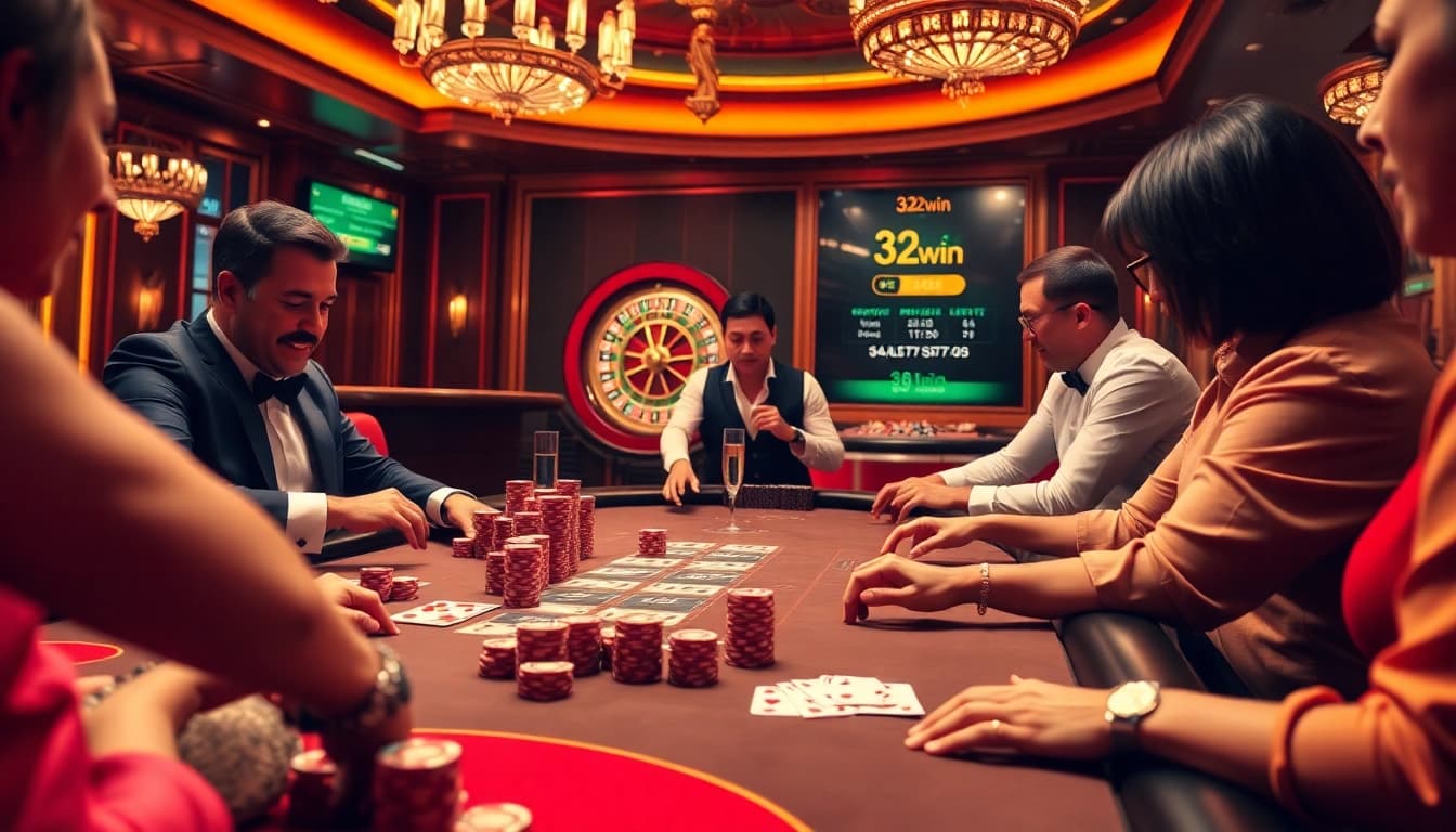Players enjoying a thrilling game of poker, showcasing excitement and action at 32win casino.