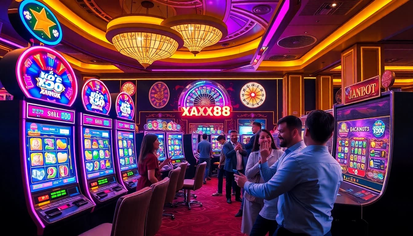 Experience the excitement of nổ hũ xn88 with vibrant slot machines and cheerful gamblers.