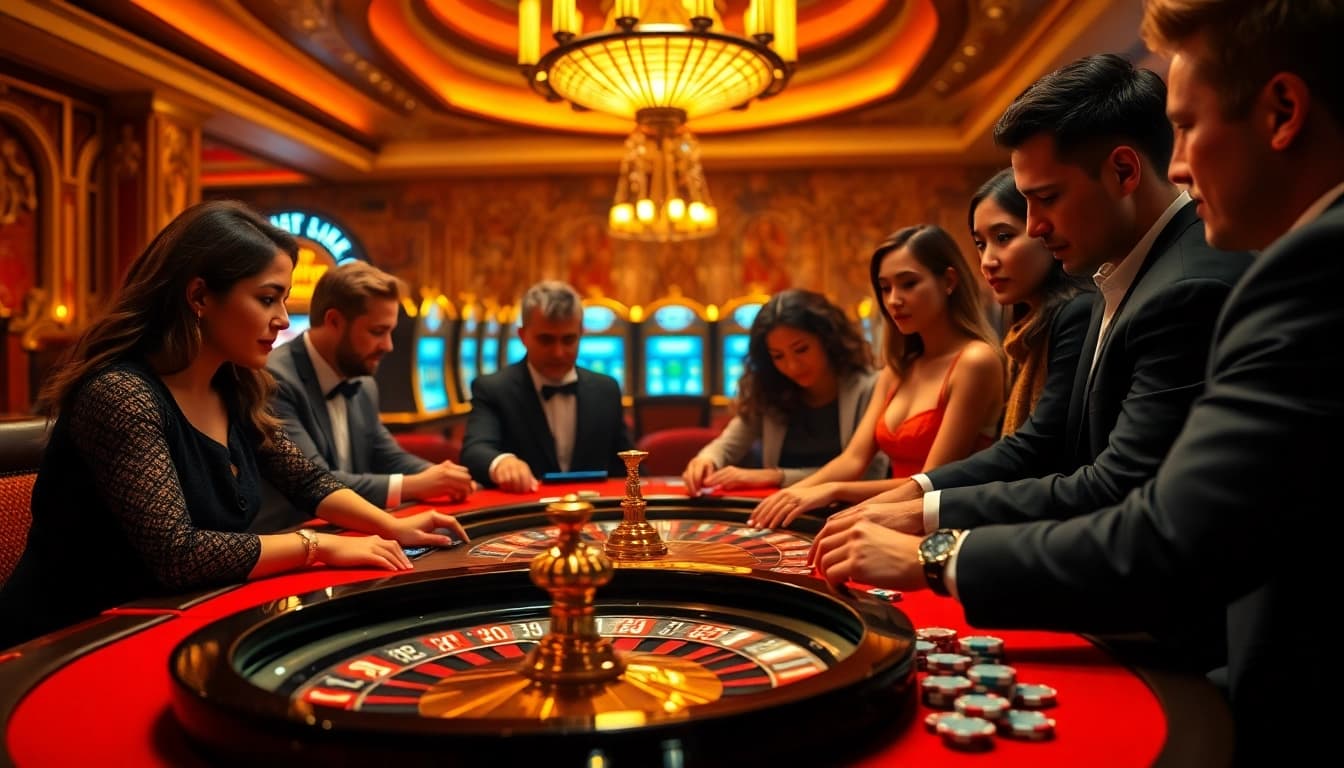 Betting excitement at a xoso66 casino table during a high-stakes poker game.