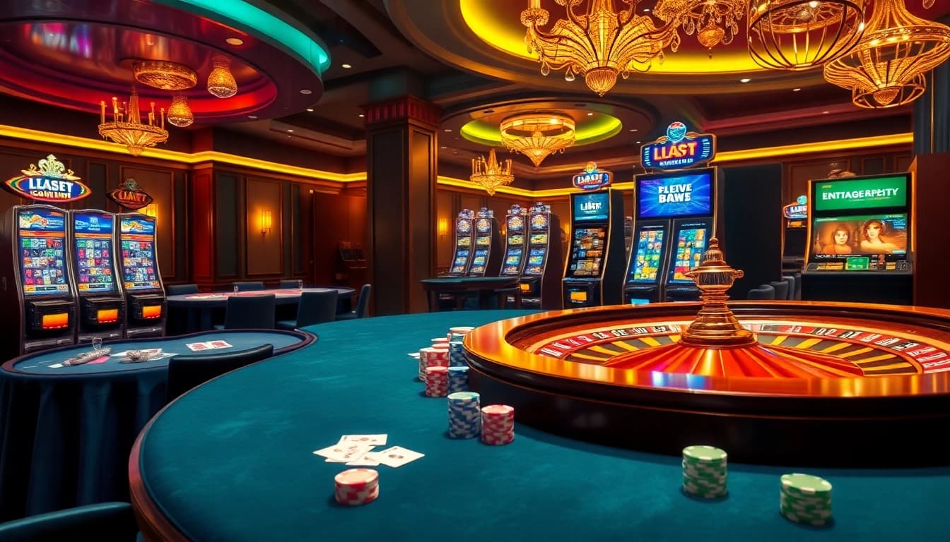 Engaging gambling scene showcasing Nhà Cái LC88 with poker chips, cards, and a roulette wheel.