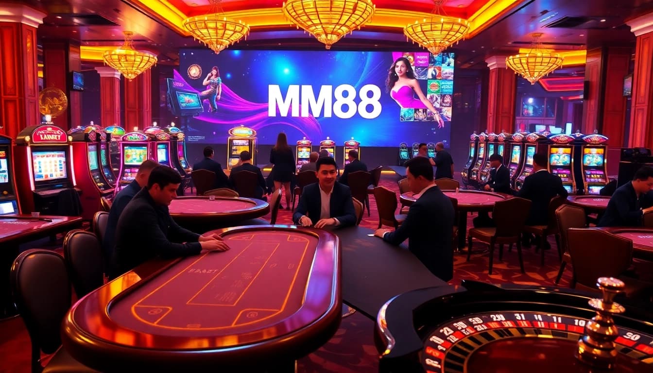 Players enjoying a vibrant casino scene with MM88 slots and tables radiating excitement.