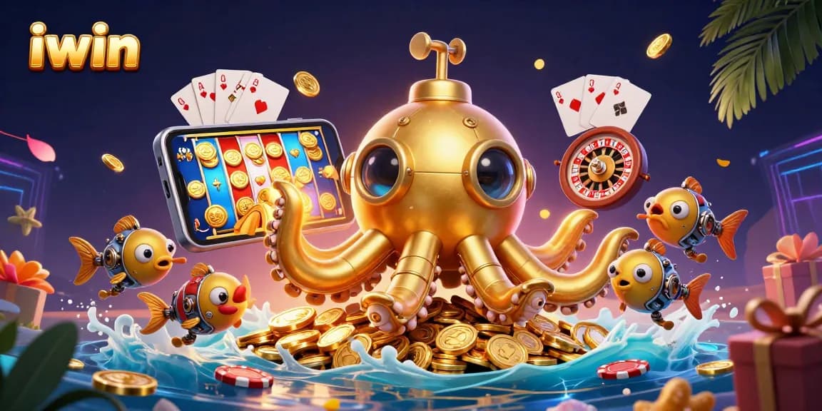 Play iwin with a golden kraken submarine amidst a treasure of coins and exciting slot elements.