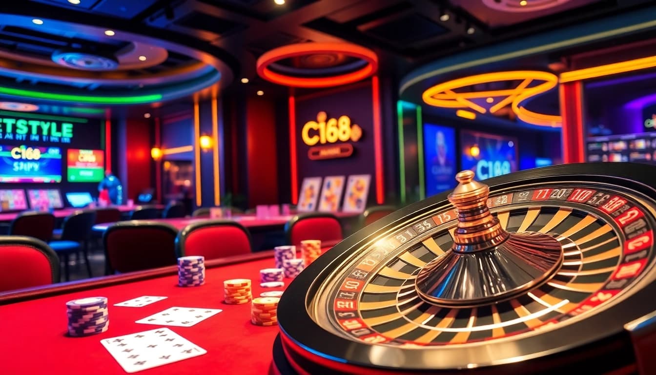 C168's vibrant casino setup featuring high-stakes poker chips and a dazzling roulette wheel.