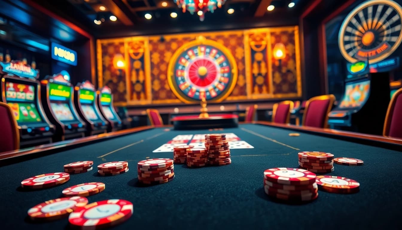 NK88 casino scene showcasing poker table and slot machines, radiating excitement and luxury.