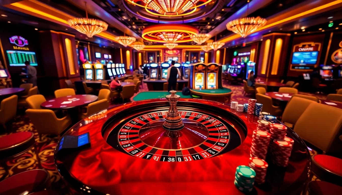 Engaged players explore Trang chủ ok8386 at a vibrant casino table filled with chips and cards.
