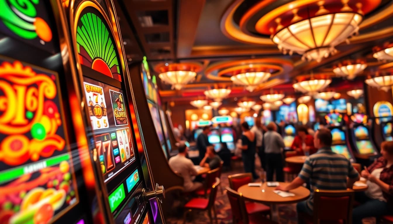 Menang besar dengan Slot deposit 5000 di mesin permainan kasino yang cerah.