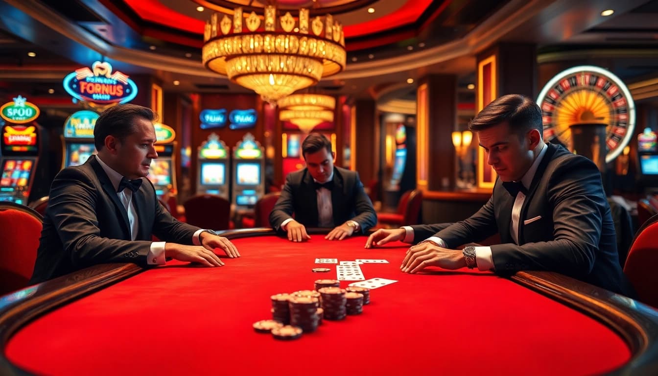Professional poker players at a for88 casino table, showcasing excitement and strategic gameplay.
