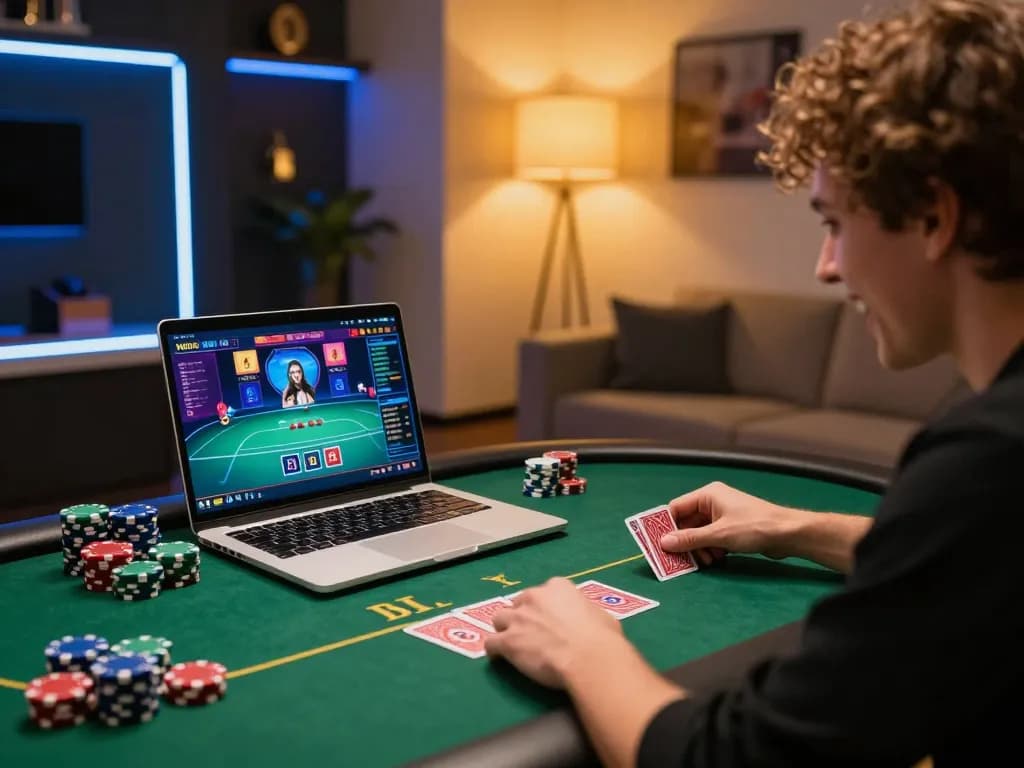 Player enjoying live poker on NK88 with chips stacked on the table, creating an exciting atmosphere