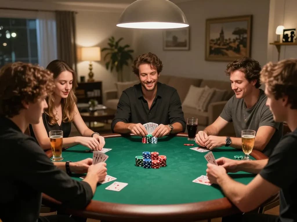Players enjoying a poker night in their home, showcasing du88 gameplay strategy amidst colorful chips and focused expressions.