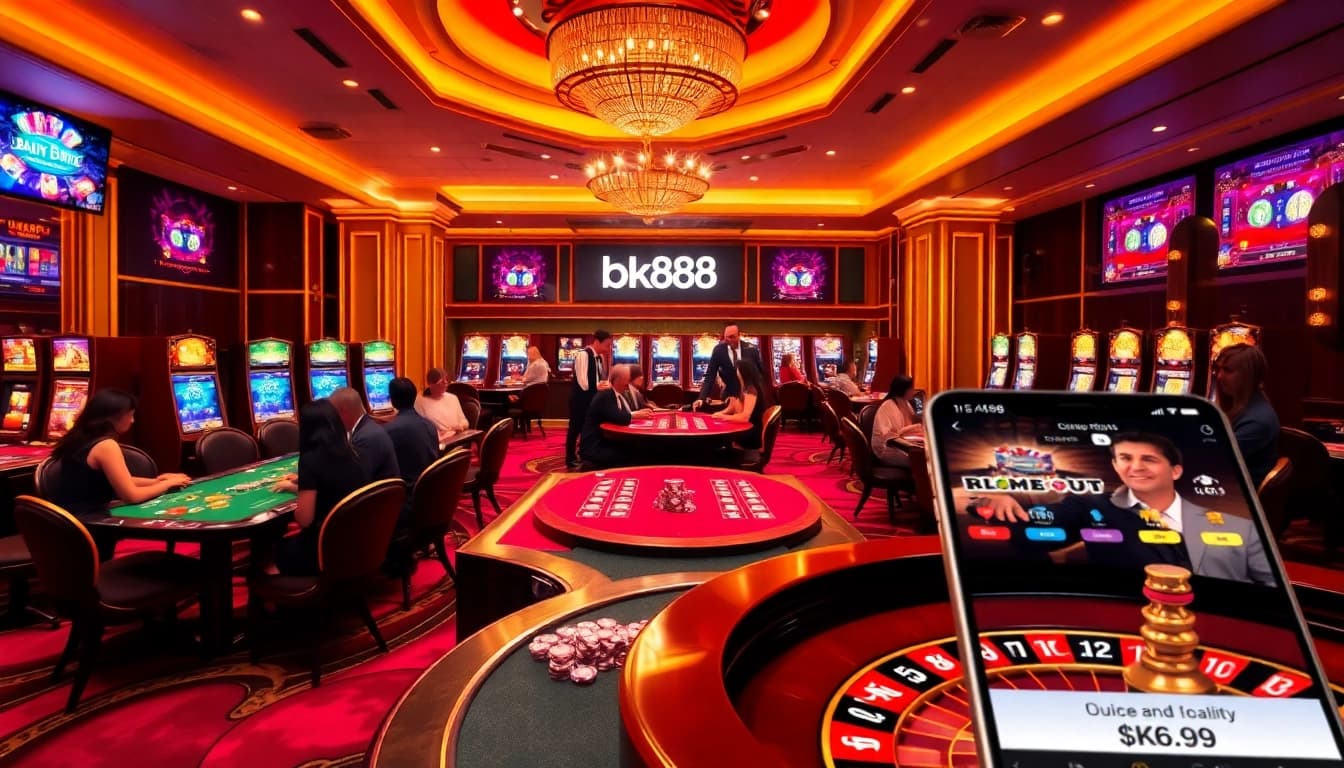 Experience thrilling gameplay at bk888 with vibrant casino tables and roulette wheels.