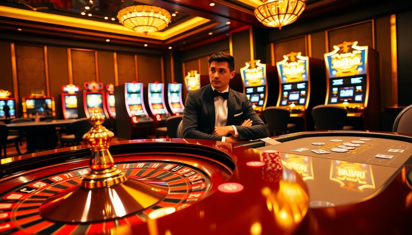Experience the excitement of gaming at Jun88 with a lively casino ambiance featuring roulette and poker tables.