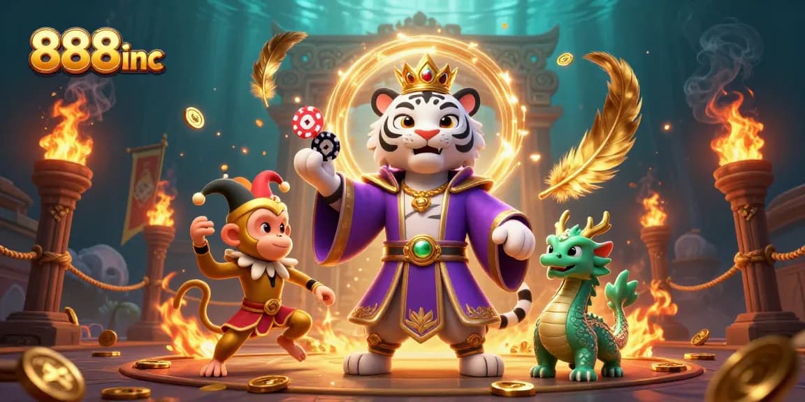 Join the playful action at 888inc, where a tiger and monkey celebrate casino wins!