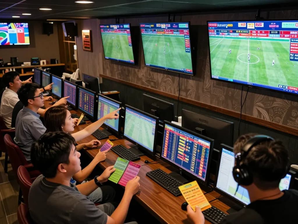 Excited bettors analyzing kèo bóng đá hôm nay at a lively sports bar, with screens displaying live matches.