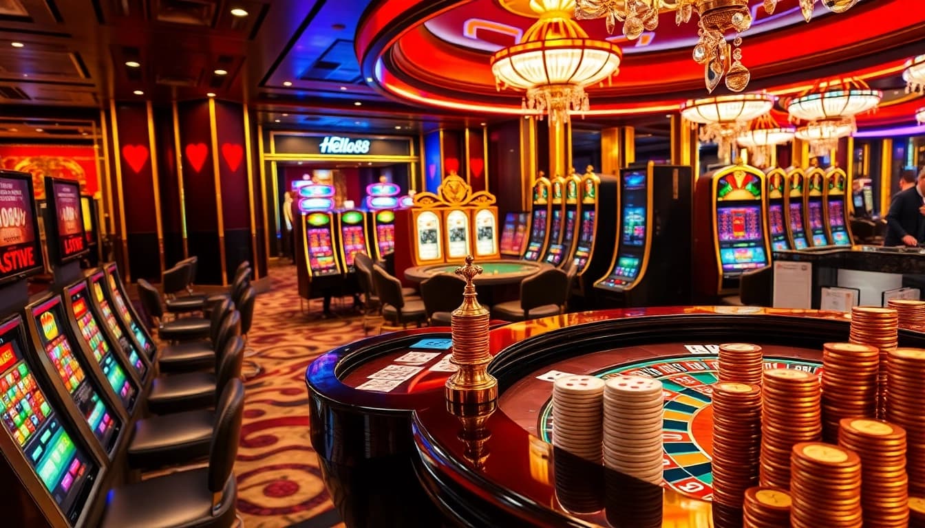 Hello88 casino scene with vibrant roulette tables, lively players, and luxurious slot machines.