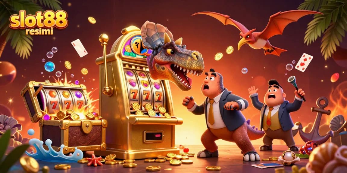 Experience the excitement at slot88 resmi with a dynamic scene of dinosaurs, slot machines, and flying coins.