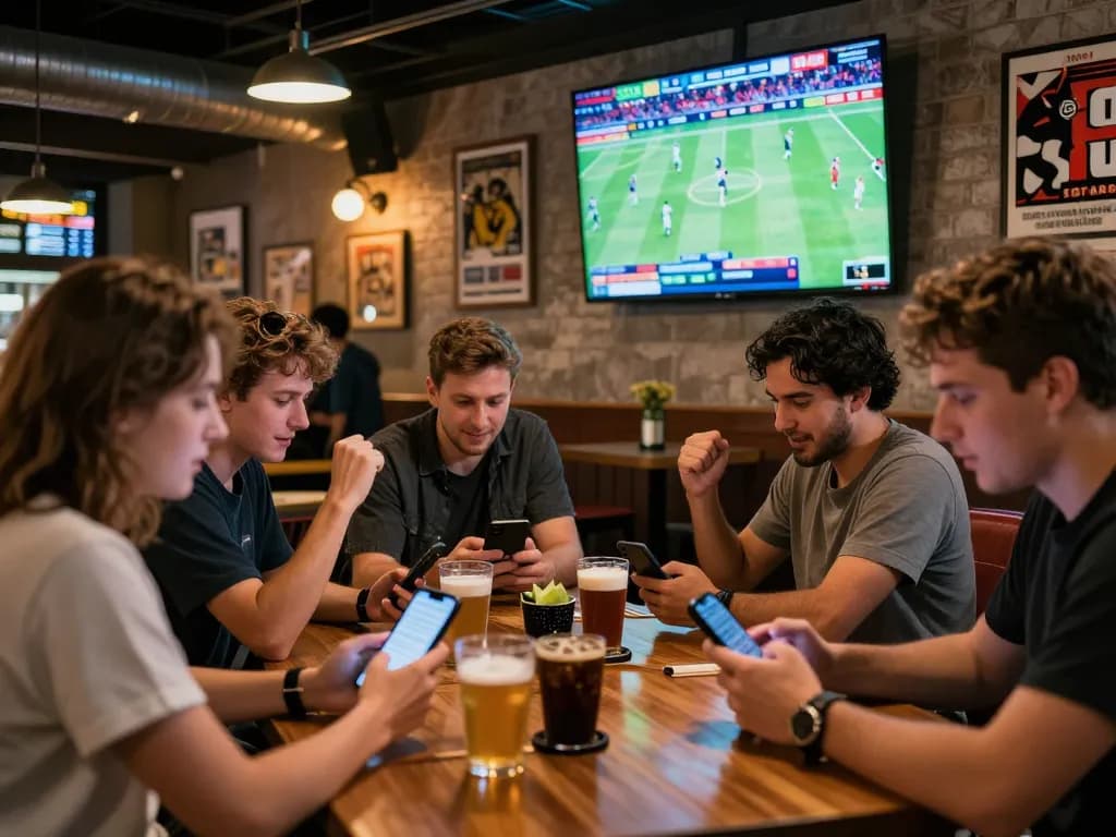 Engaged sports fans placing bets on the 11win app while watching live games in a lively sports bar.