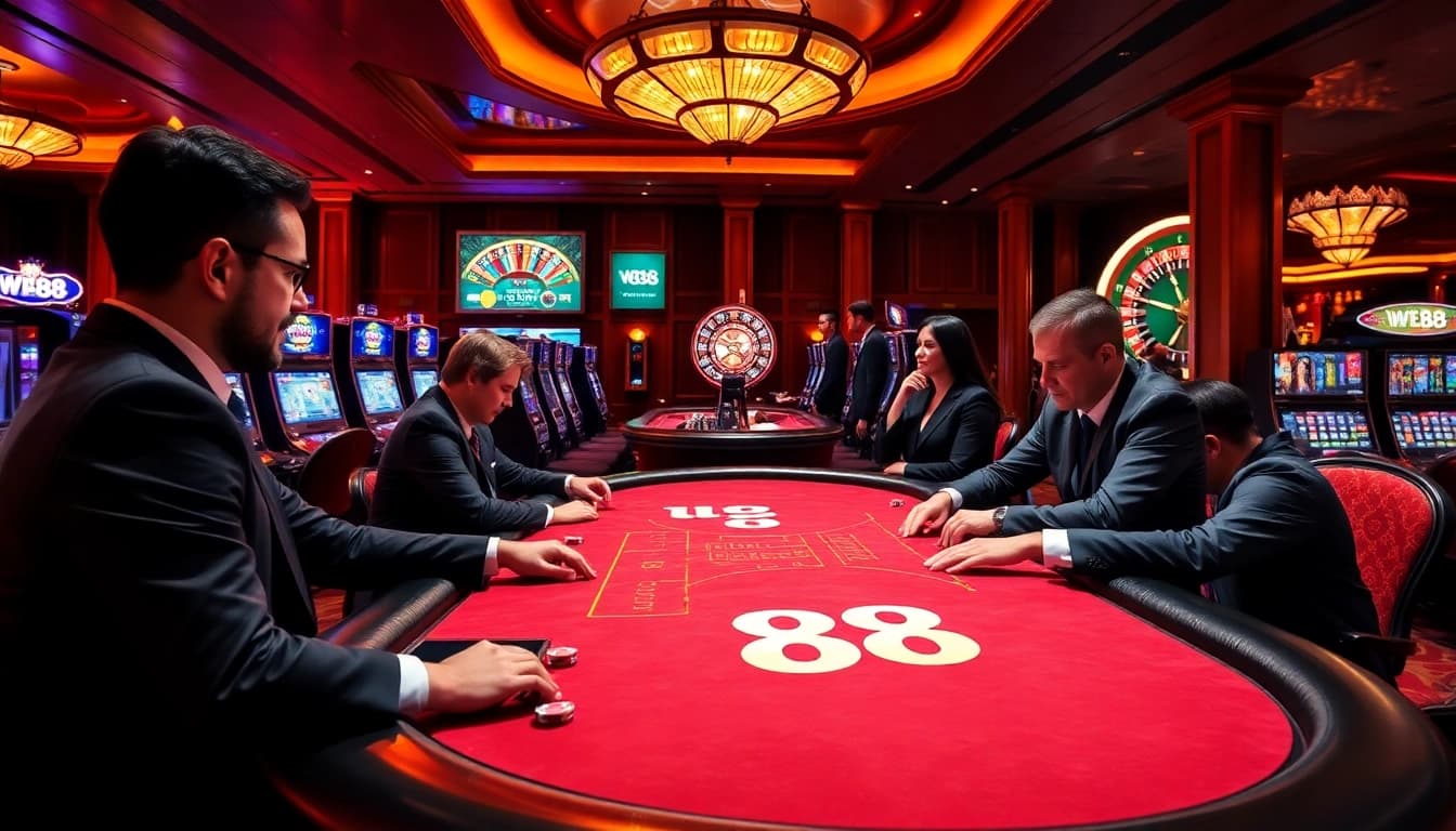 W88 poker players enjoying a high-stakes game at a luxurious casino table.