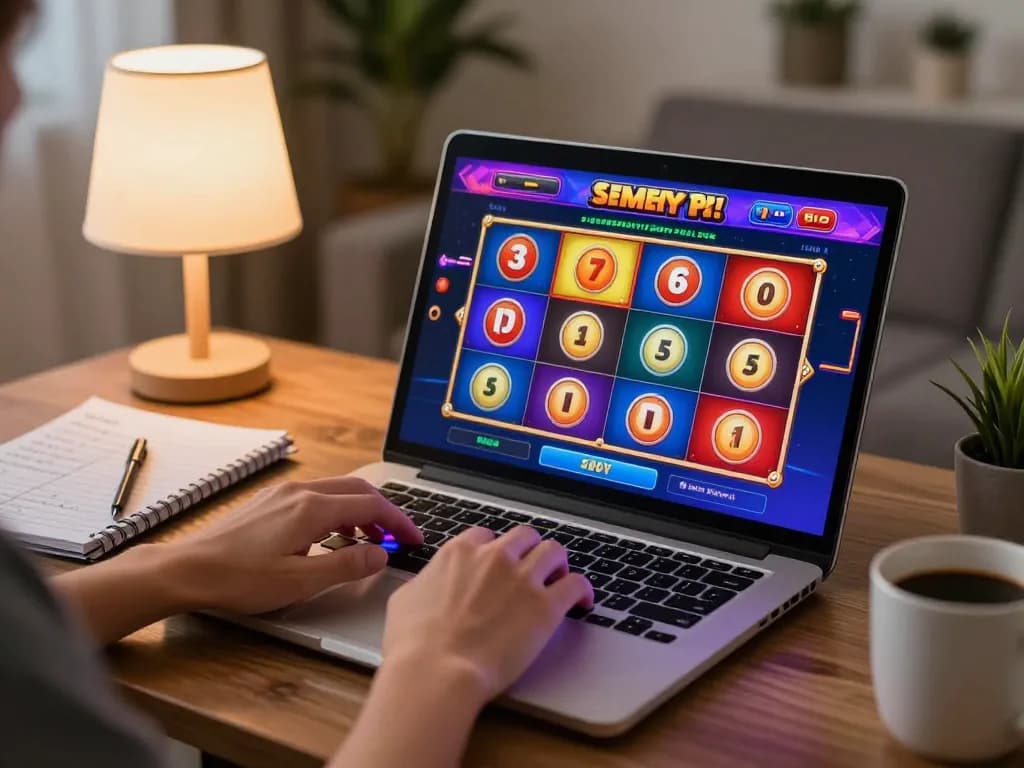 Engaging with slot online games at home, showcasing an interactive gaming experience with vibrant visuals.