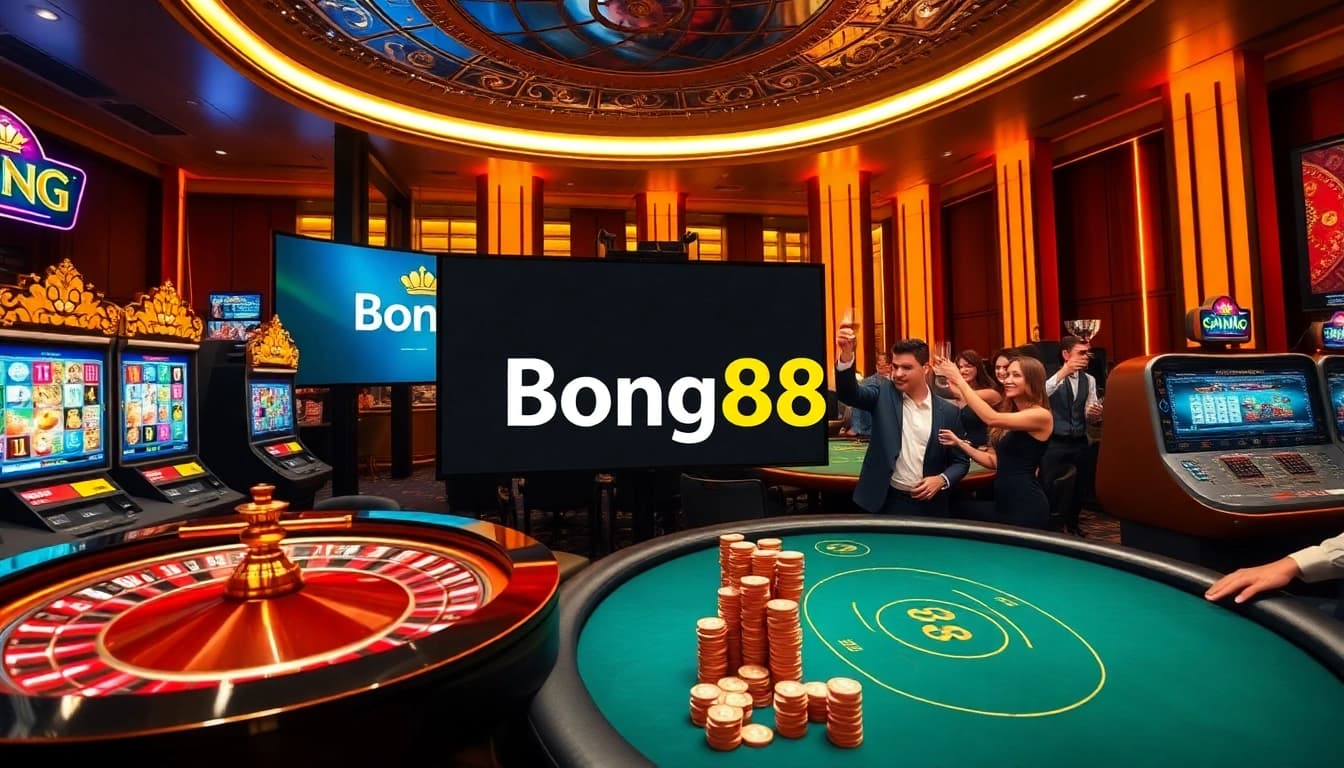 Bong88 casino gamers celebrating wins at vibrant slot machines and a roulette wheel.