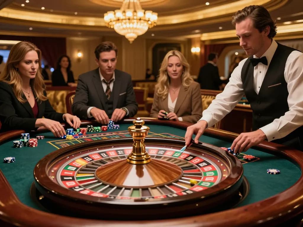 Players eagerly placing bets on 388bet roulette wheel in a vibrant upscale casino setting.