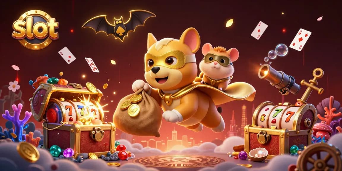 Slot menarik dengan pahlawan anjing mengumpulkan koin emas dan simbol chip poker yang bersinar.