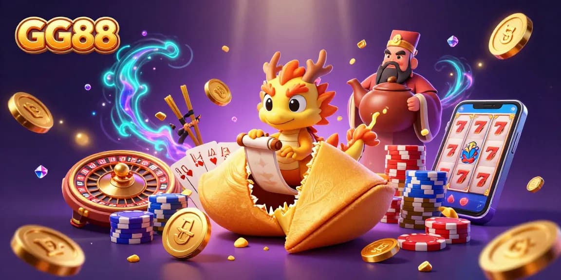 Experience thrilling gaming action at GG88 with colorful poker chips, golden coins, and vibrant slot machine visuals.