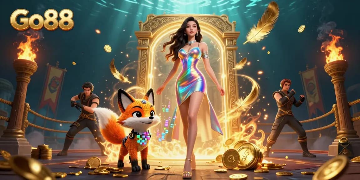 Engage with Go88's thrilling casino adventures featuring a dazzling woman and dynamic elements.