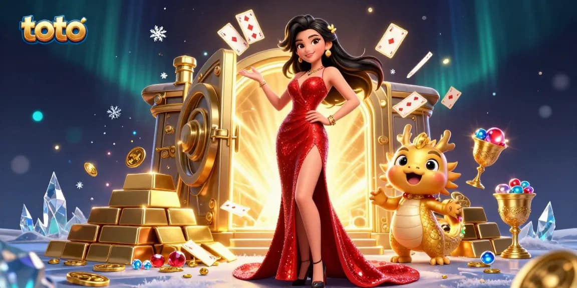 Engage in exciting toto games with vibrant visuals of a confident woman and golden dragon, showcasing a lively casino atmosphere.