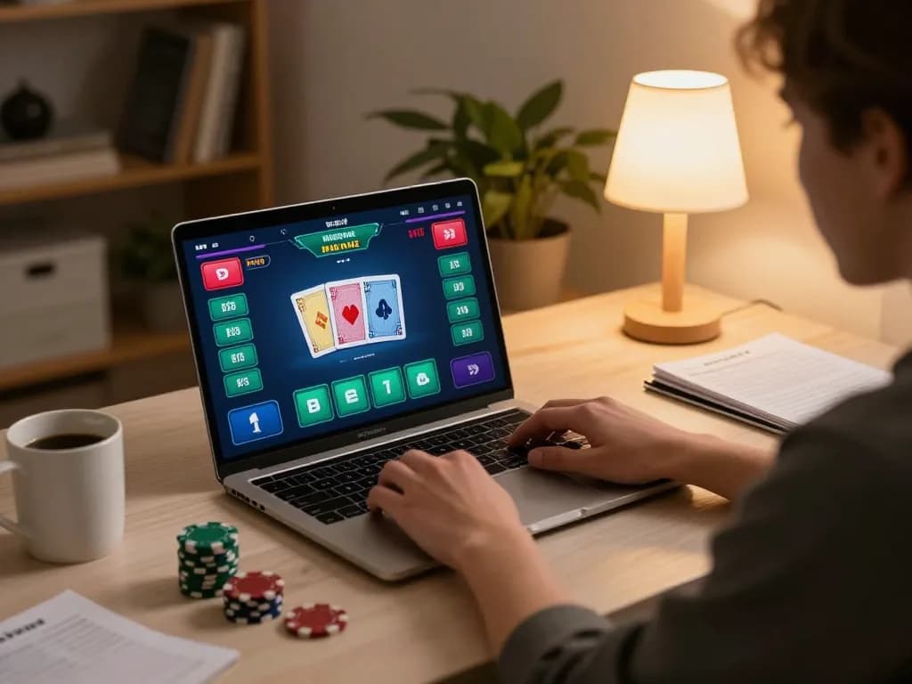 Engaged player on tr88 platform, analyzing poker hands and strategy at home desk.