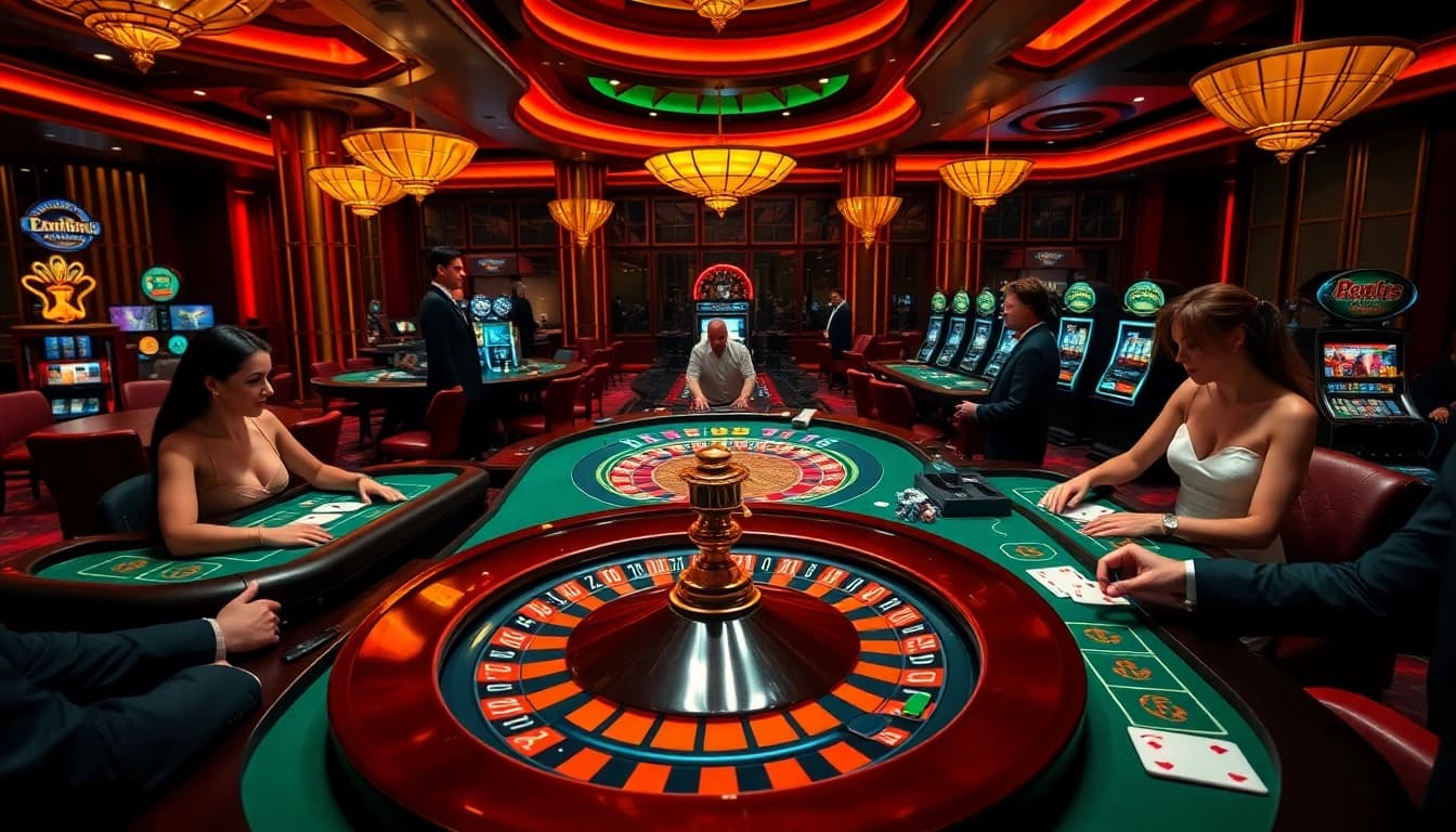 Players enjoying thrilling games at a luxurious casino, highlighting ok 8386 gaming experience.